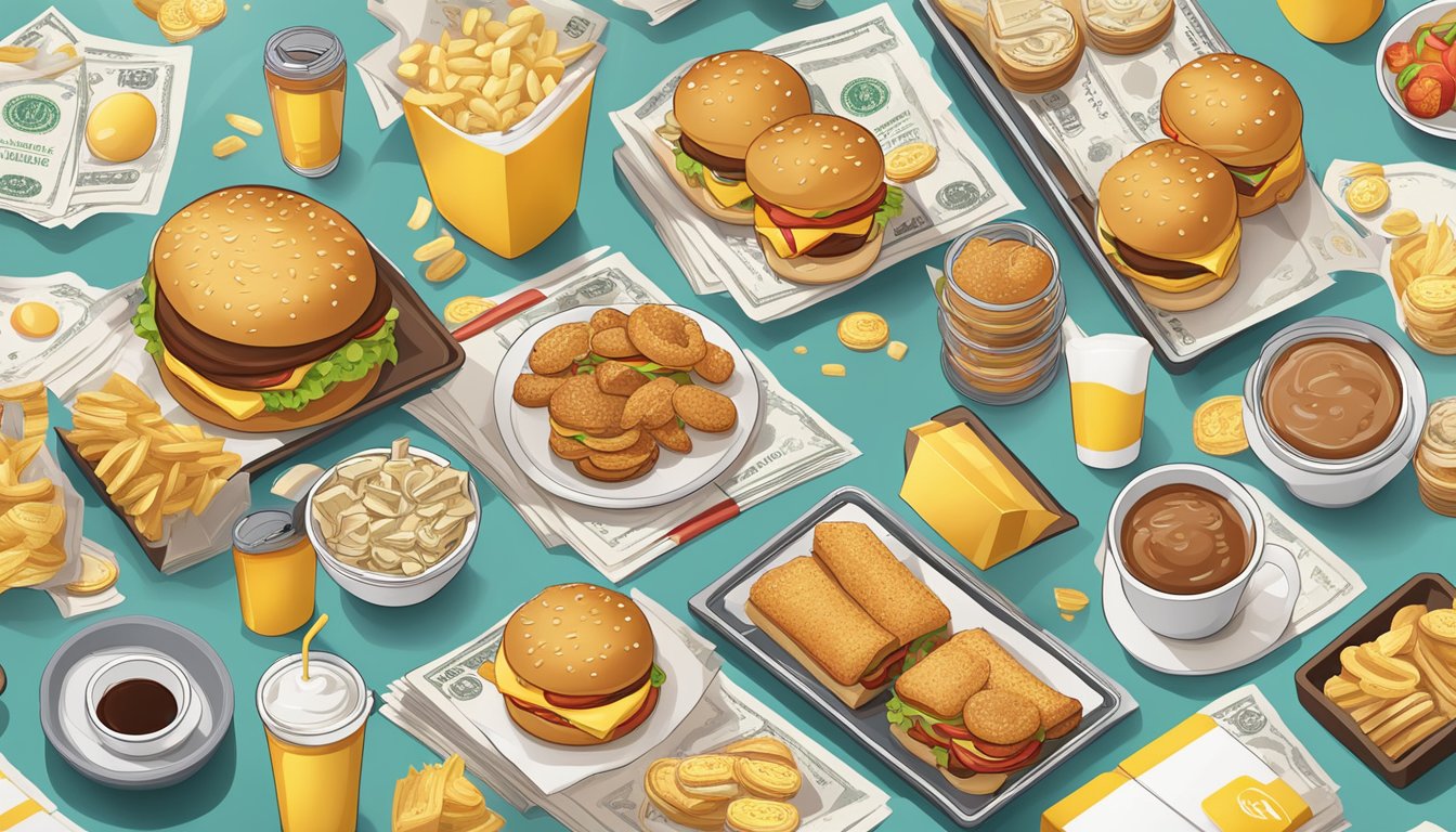 A table with various McDonald's breakfast items bundled together, surrounded by money-saving symbols and icons