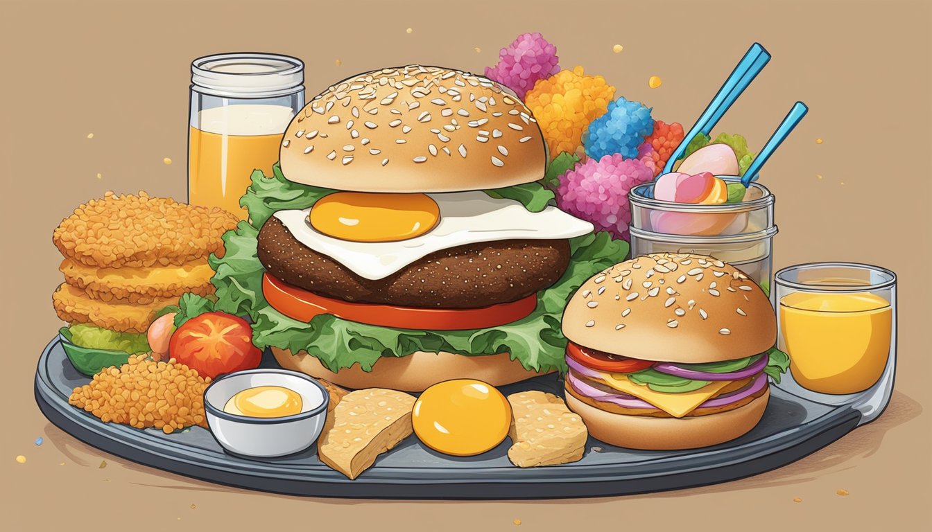 A juicy egg and cheese burger sits on a sesame seed bun, surrounded by a colorful array of Japanese-inspired breakfast items