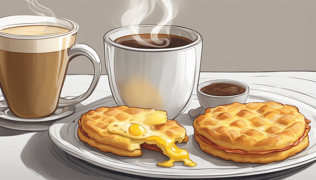 A sizzling bacon, egg, and cheese biscuit sits on a white plate next to a steaming cup of coffee. The golden biscuit is flaky and buttery, with melted cheese oozing out