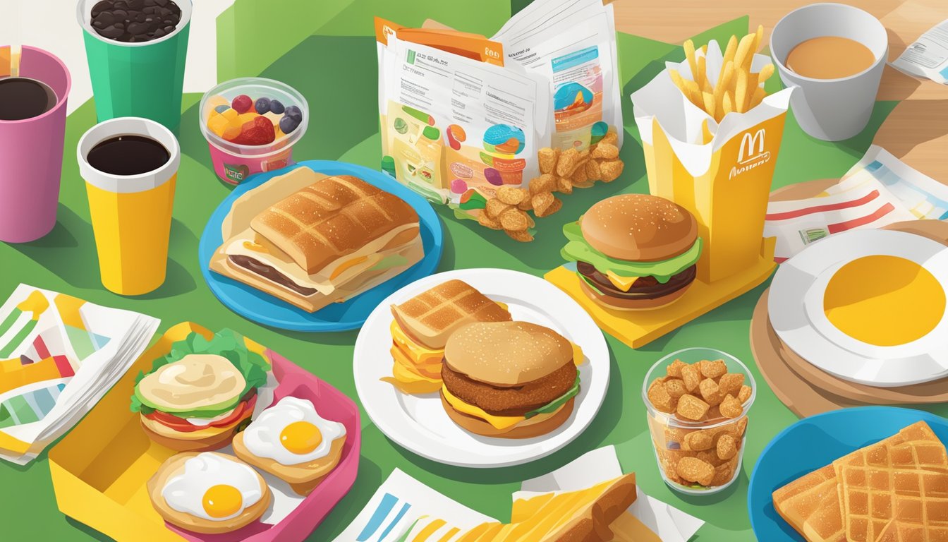 A colorful McDonald's breakfast spread with various food items and a money-saving infographic displayed nearby