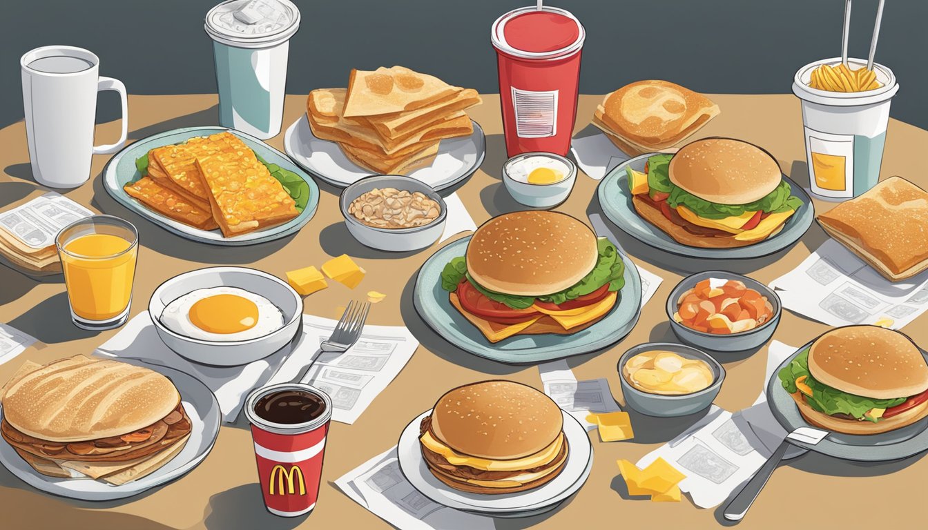 A breakfast table with various McDonald's breakfast items and coupons scattered around, showcasing 9 different ways to save money on the order