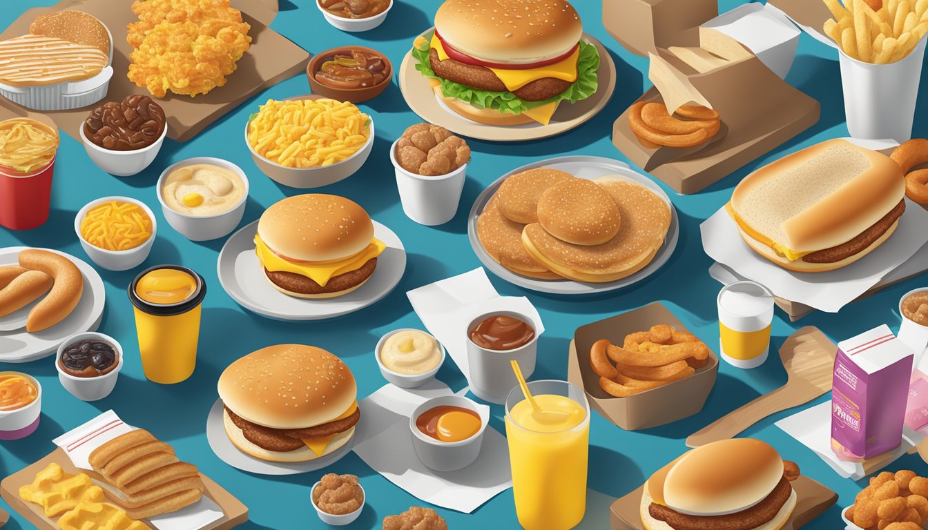 A colorful array of McDonald's breakfast items arranged on a table, with a focus on a sausage biscuit surrounded by other menu items