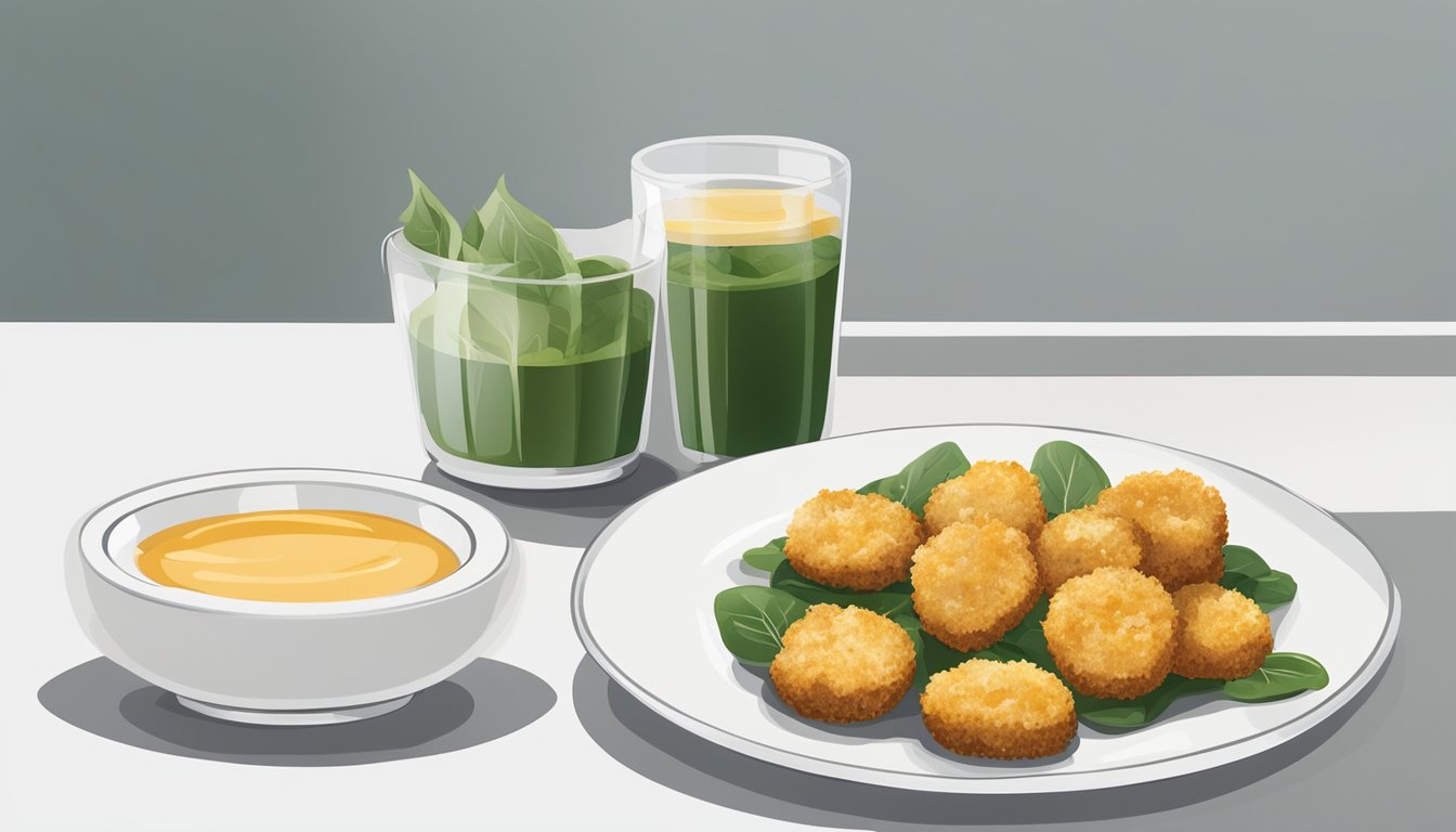 A plate of golden brown spinach and Parmesan nuggets with a side of dipping sauce on a white, modern table