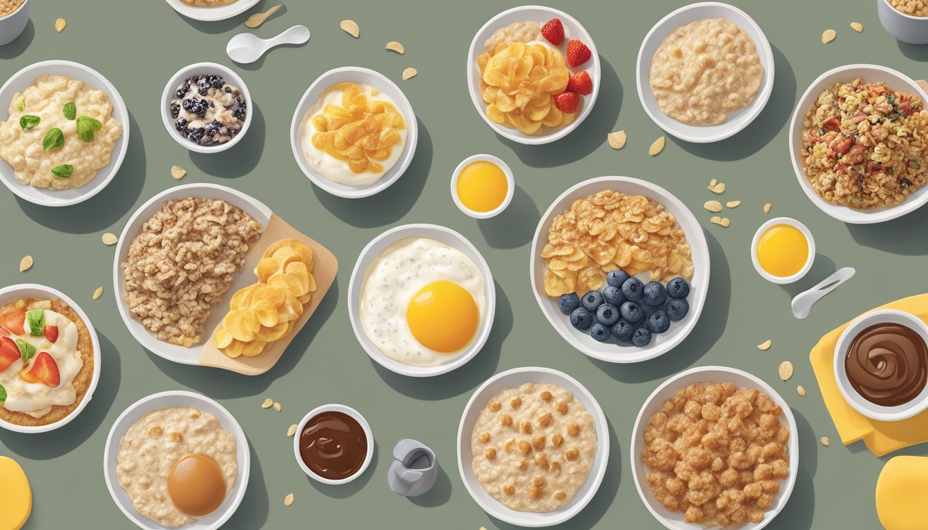 A table with nine different oatmeal breakfast options from McDonald's, each creatively arranged with various toppings and mix-ins