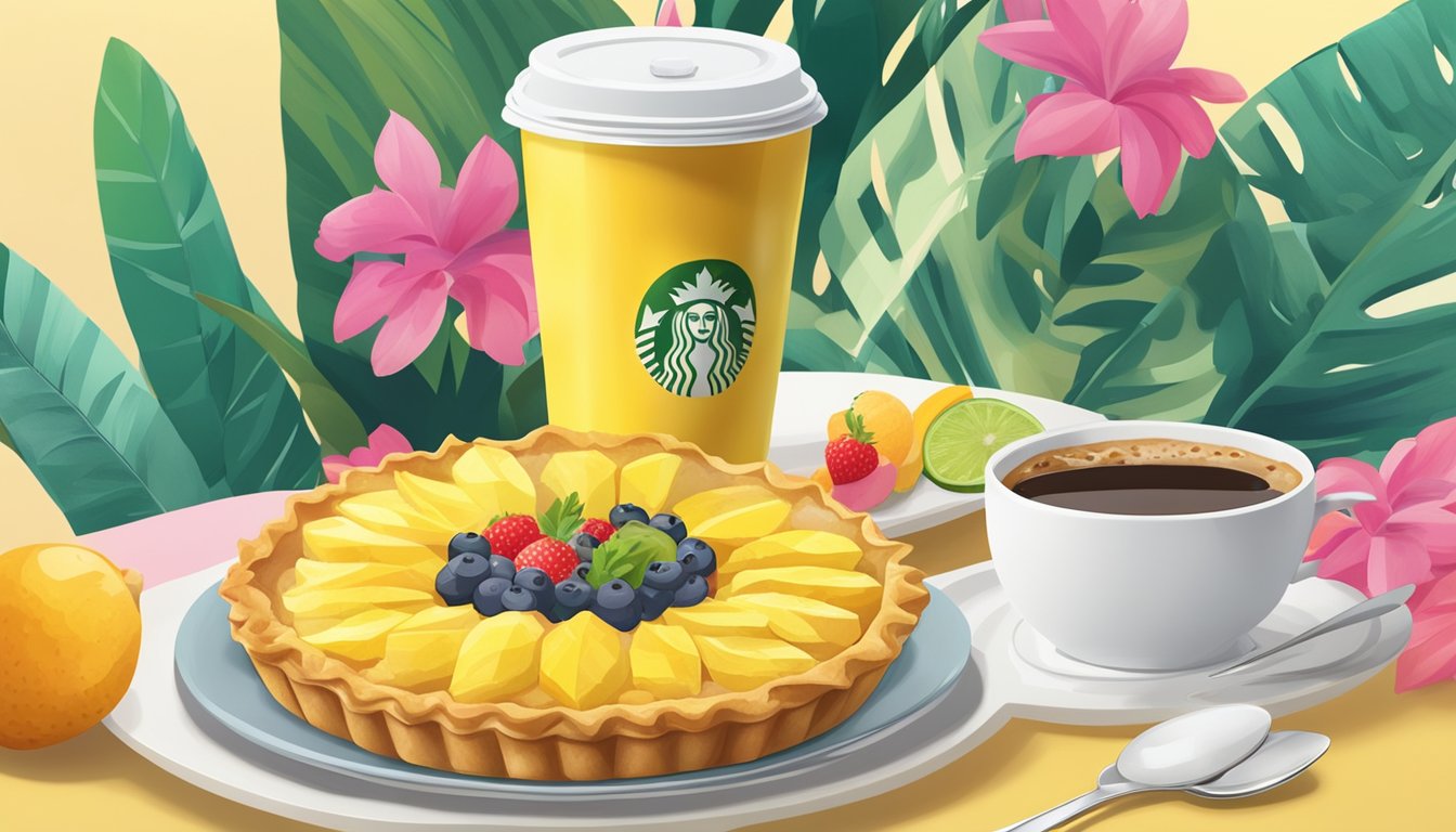 A colorful pineapple pie surrounded by tropical fruits and a cup of coffee on a McDonald's breakfast tray