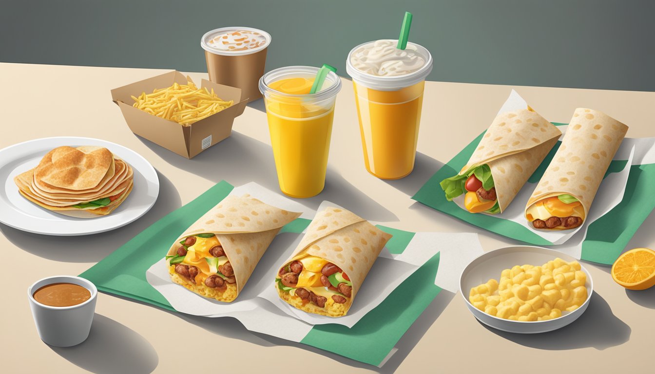 A table with 9 different breakfast wraps from McDonald's, each with a price tag and a money-saving tip next to it