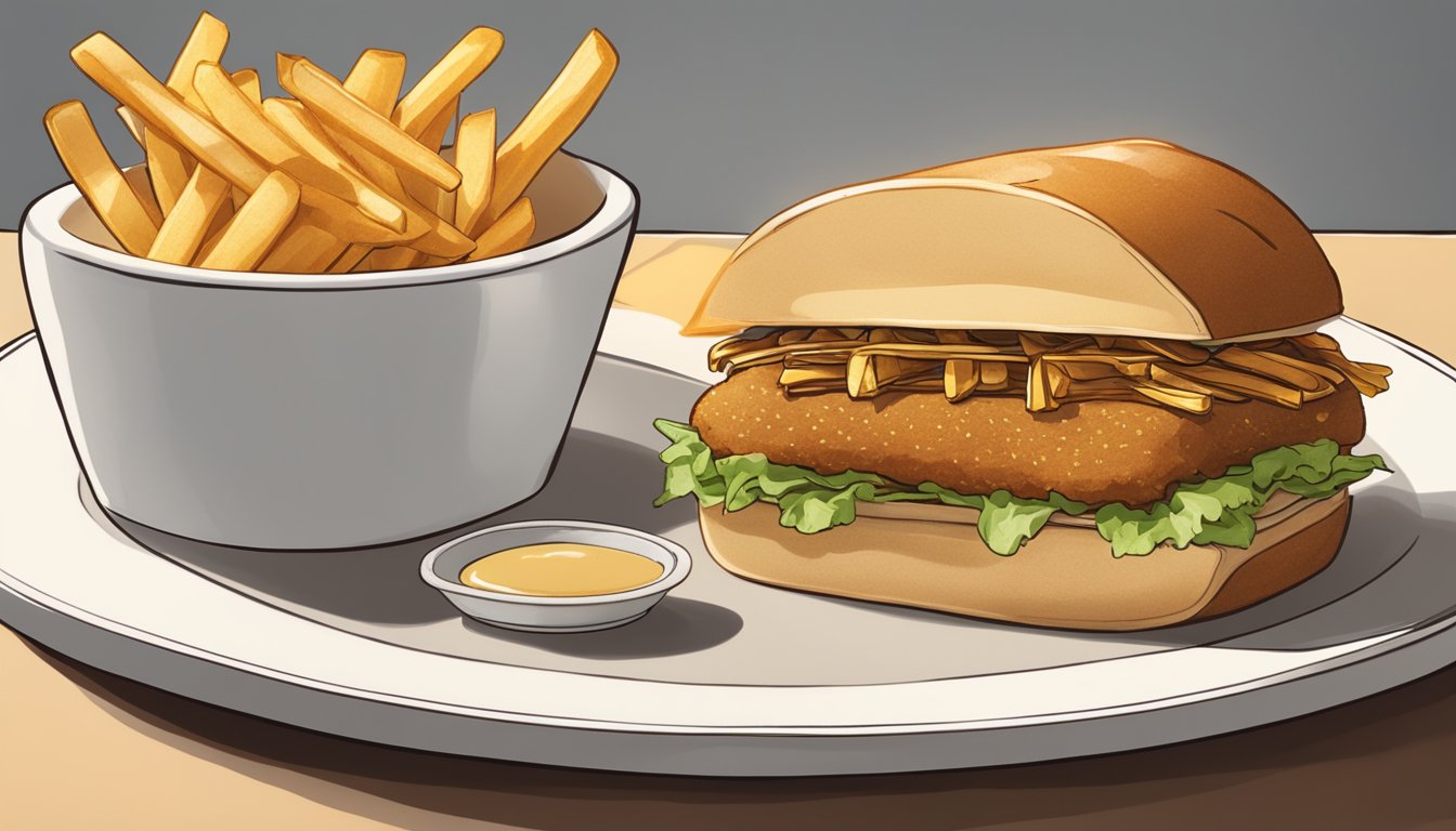 A golden brown McKroket sandwich sits on a white plate, accompanied by a side of crispy fries and a small cup of dipping sauce