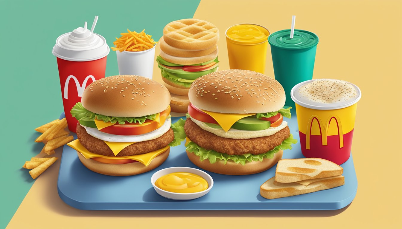 A colorful display of 12 McDonald's breakfast items from India, including the McVeggie sandwich, arranged on a tray with a vibrant backdrop