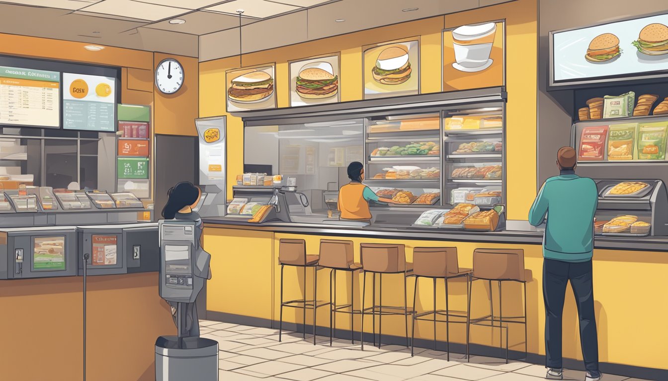 A person placing a breakfast order at a McDonald's counter before 10:30 AM, with various money-saving options displayed on the menu board above