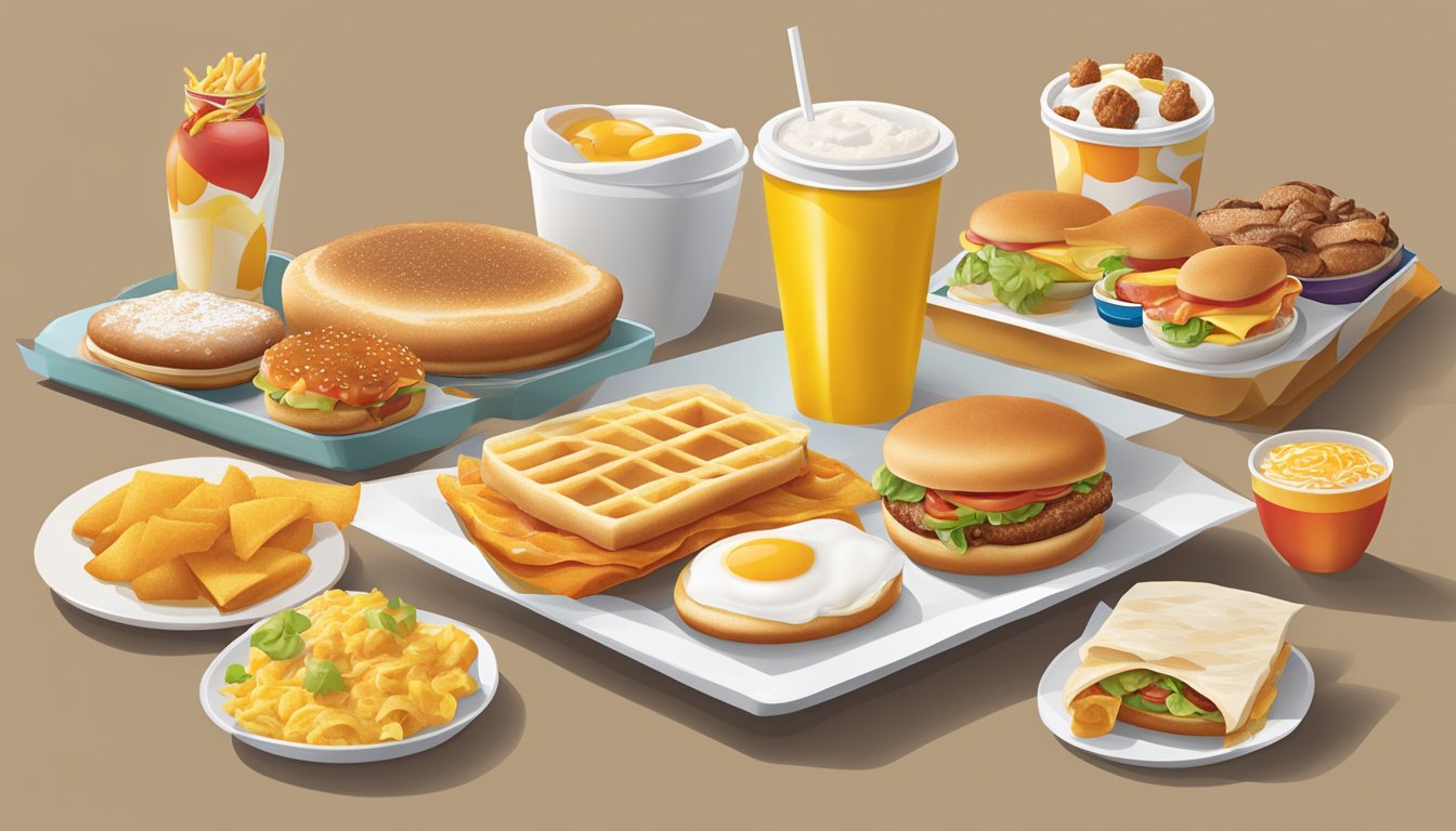 A colorful array of international breakfast items from McDonald's, including unique menu items influenced by various cultures, displayed on a table