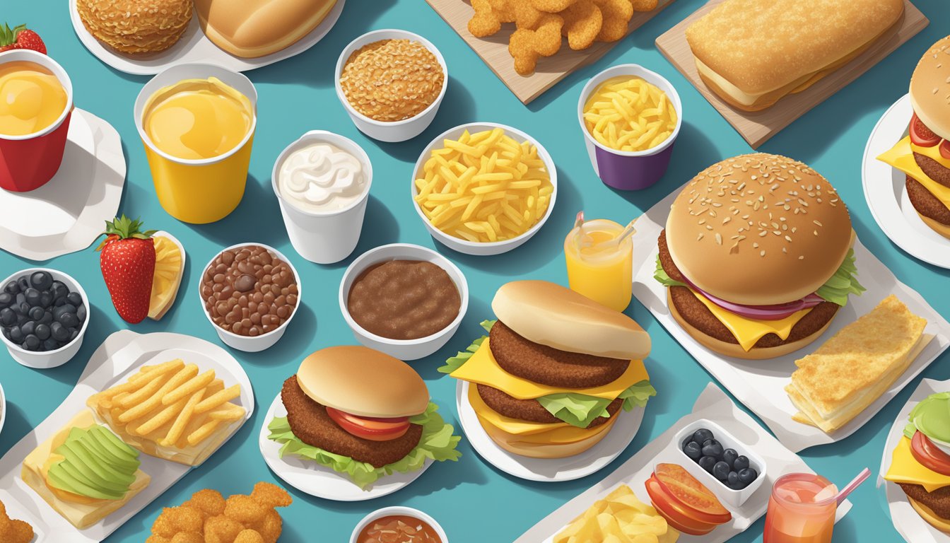 A colorful array of McDonald's breakfast items arranged on a table, with a variety of sandwiches, hash browns, and fruit options