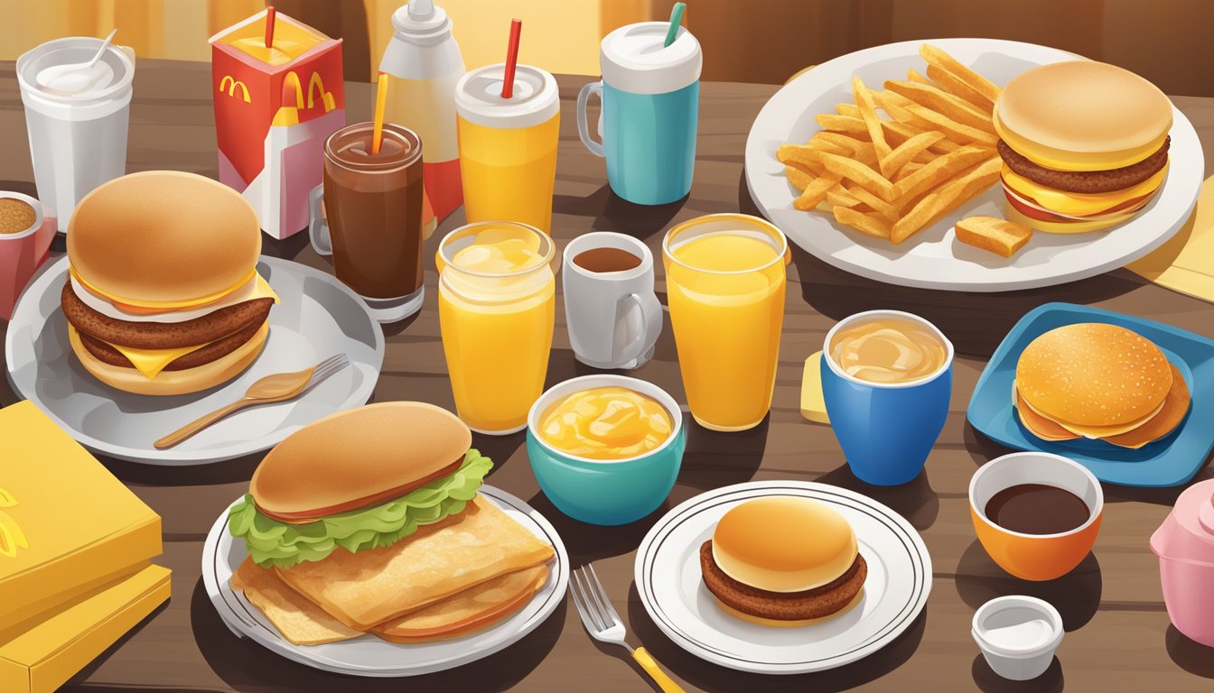 A colorful McDonald's breakfast spread with various items arranged neatly on a table, surrounded by a warm and inviting atmosphere