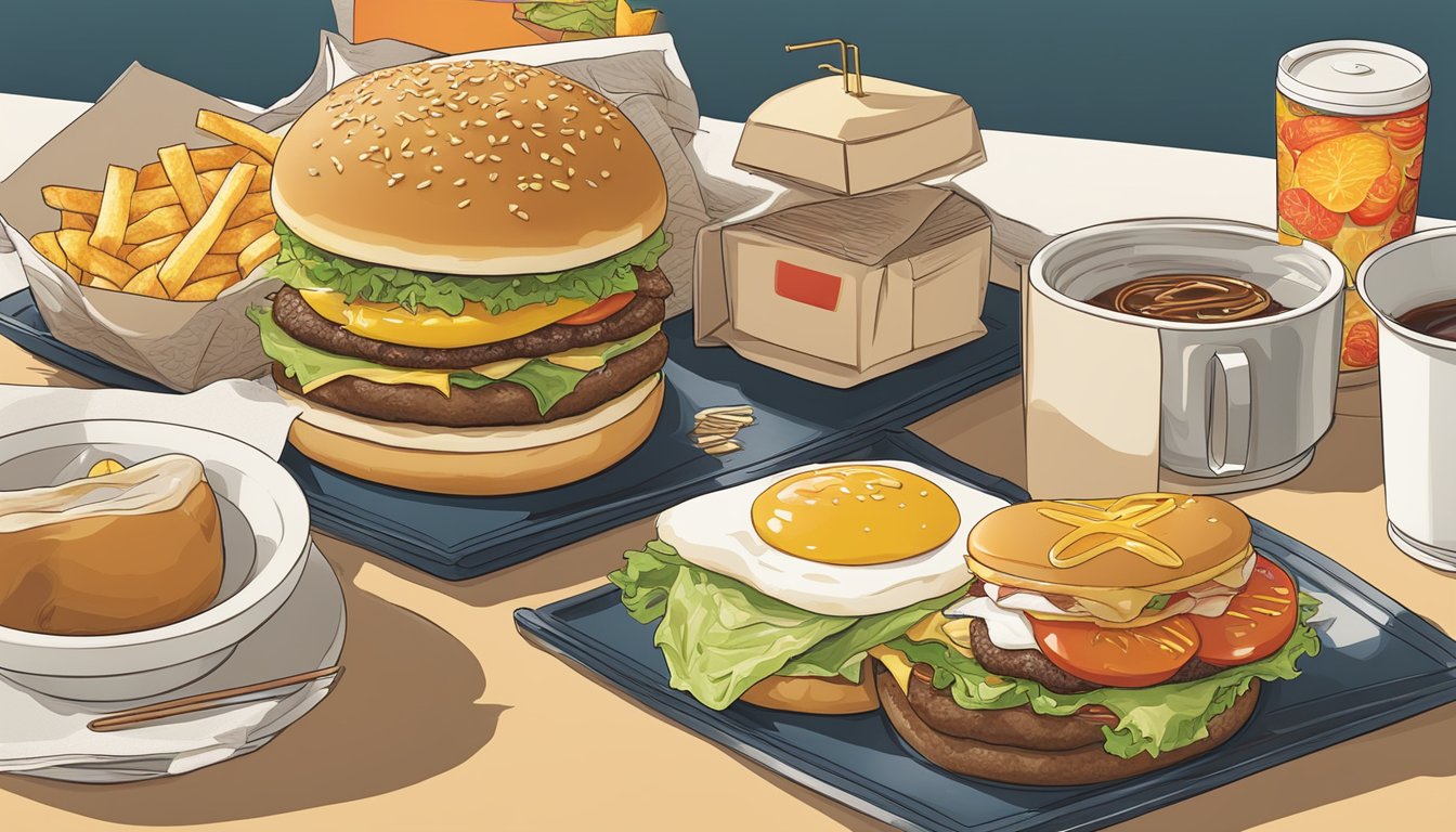 A Japanese-inspired breakfast scene with a Teriyaki McBurger and traditional McDonald's breakfast items