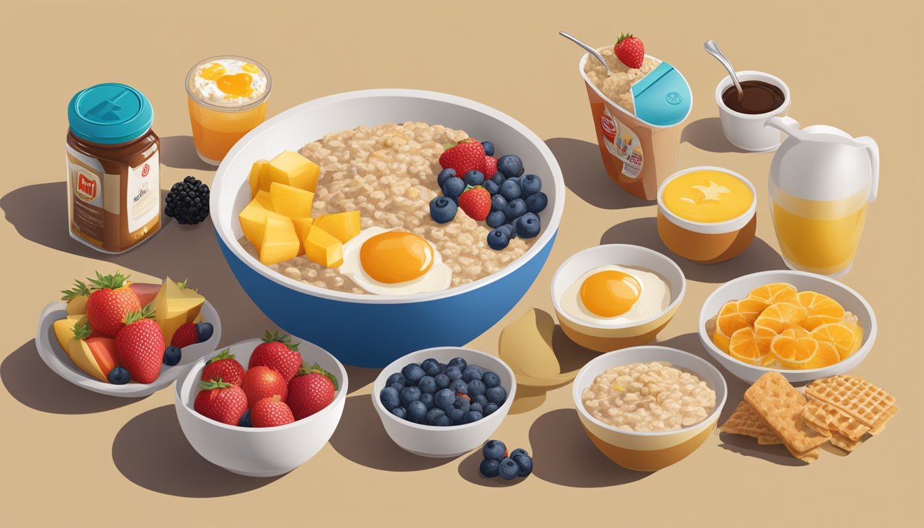 A bowl of oatmeal with fruit and maple syrup, surrounded by various McDonald's breakfast items