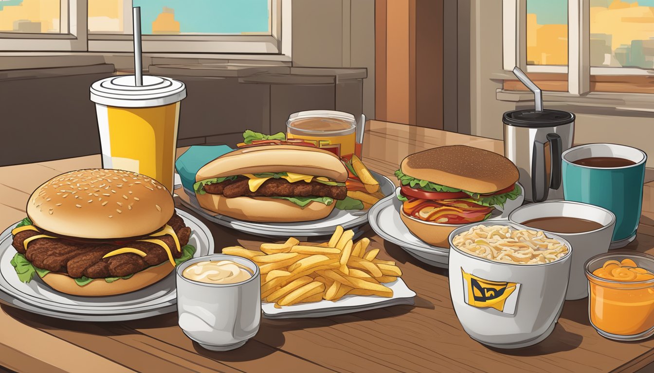 A table with a McRib sandwich and breakfast items from around the world, including a McDonald's logo