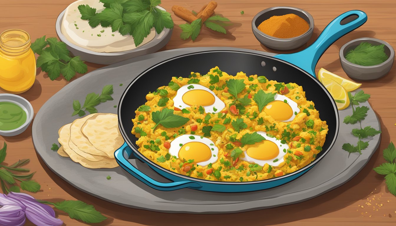 A sizzling skillet with masala scrambled eggs, accompanied by traditional Indian spices and herbs, served on a vibrant platter