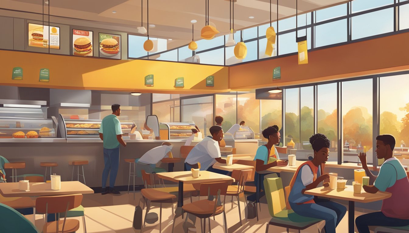 A bustling McDonald's breakfast rush, with customers ordering and enjoying burritos at various tables. The sun rises outside, casting a warm glow through the windows