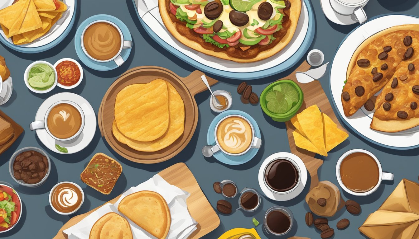 A table spread with McMolletes, coffee, and traditional Mexican breakfast items at a McDonald's in Mexico