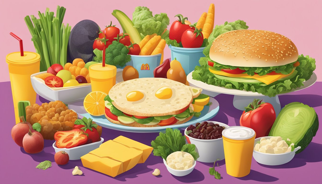 A colorful array of fresh vegetables and fruits arranged on a plate, with a variety of McDonald's breakfast items scattered around it