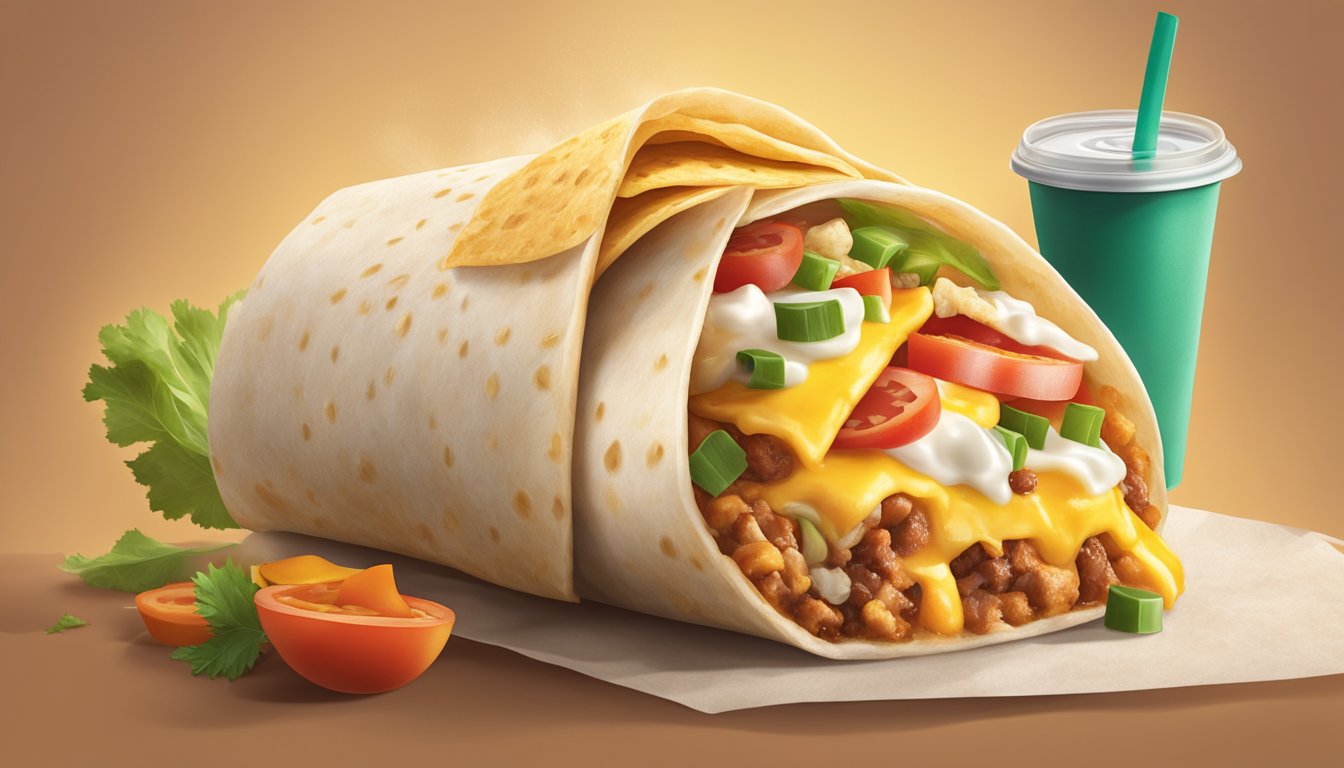 A colorful McDonald's breakfast burrito being unwrapped, with steam rising from the warm, savory filling and the fresh ingredients spilling out onto the table