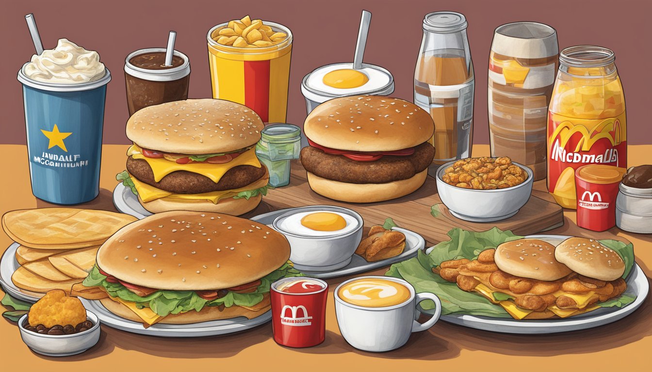 A table with a spread of McDonald's breakfast items from around the world, including the Mighty McMuffin from Australia