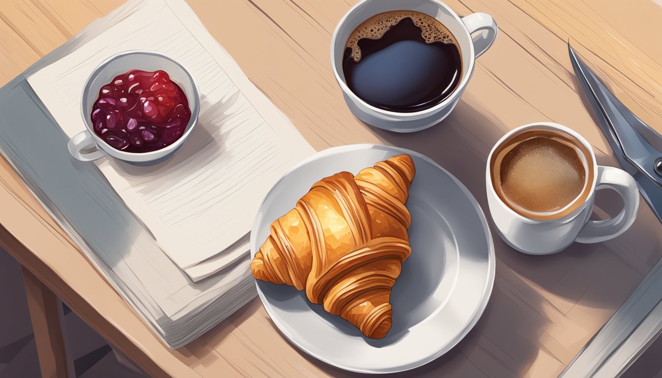 A flaky croissant with jam sits next to a cup of coffee on a table