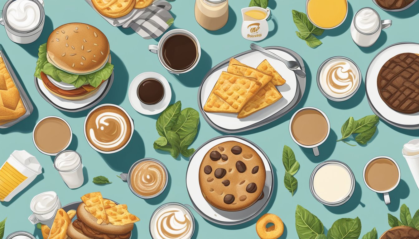 A table set with a McCafé coffee and plant-based milk alongside seven McDonald's breakfast items, all vegan-friendly