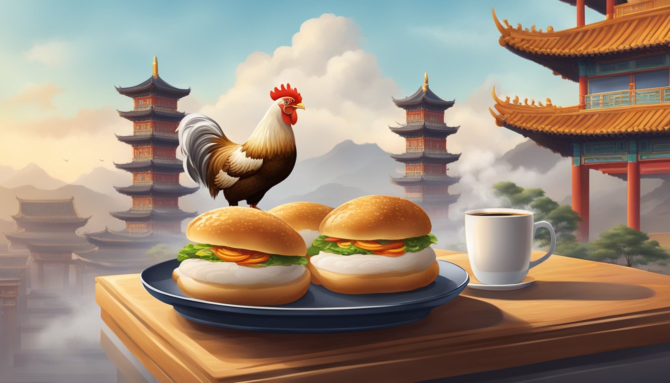 A steaming Chicken Crisp Bun sits on a tray with a cup of coffee, against a backdrop of Chinese architecture