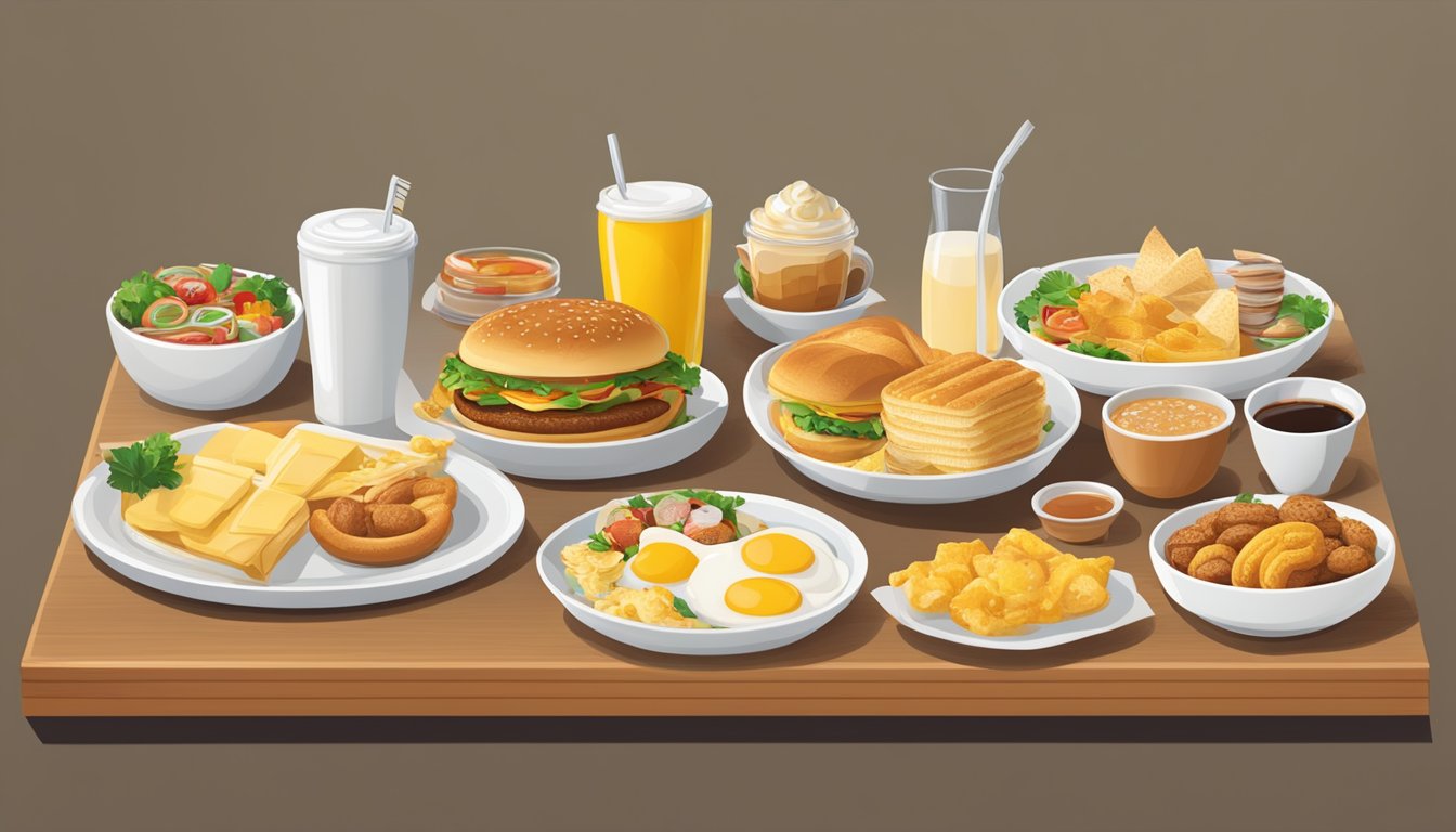 A table with various international breakfast items from McDonald's, including unique dishes and cultural symbols from different countries