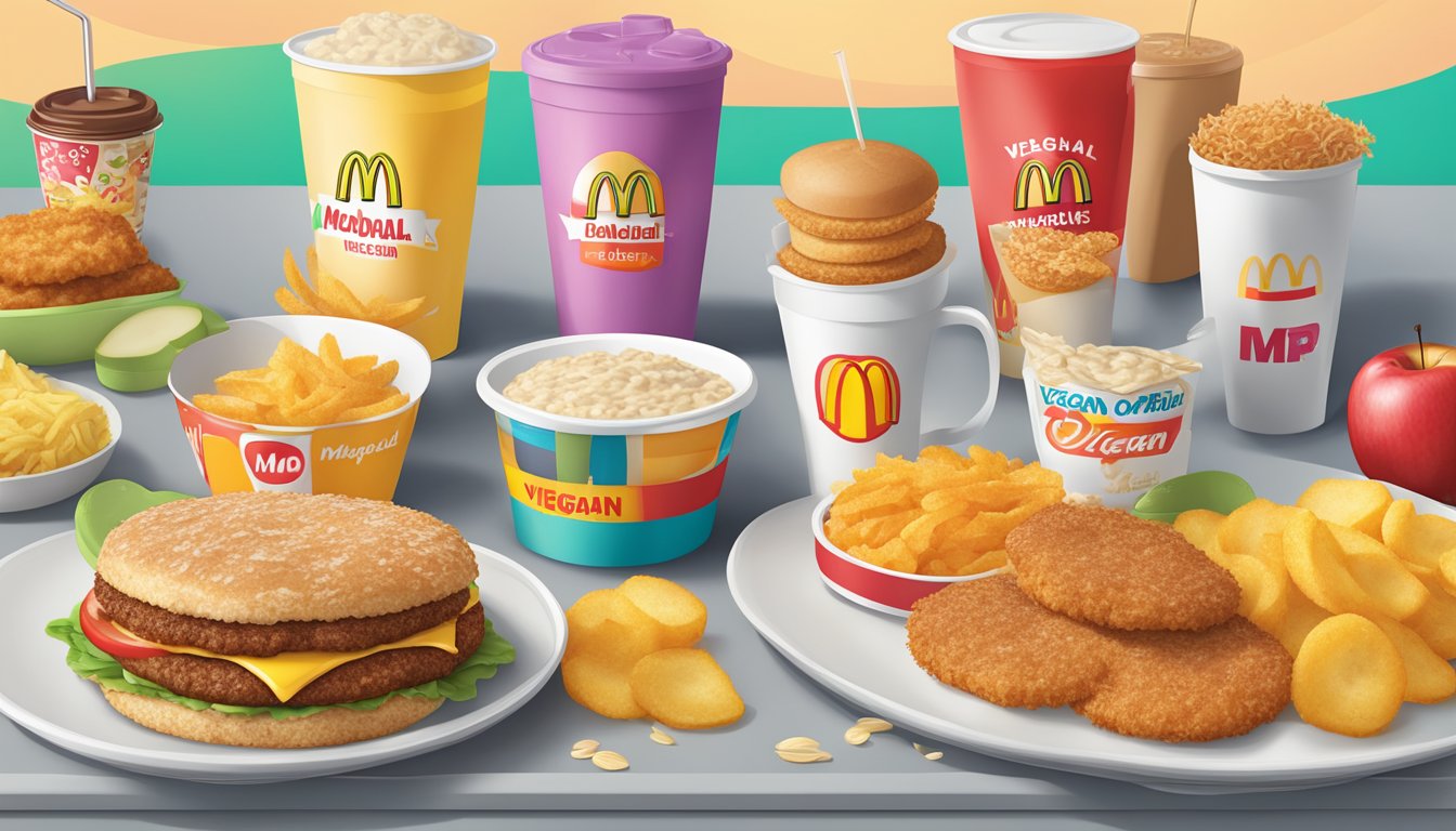 A colorful display of McDonald's breakfast items, including hash browns, fruit and maple oatmeal, and apple slices, with a prominent "Vegan Options" sign