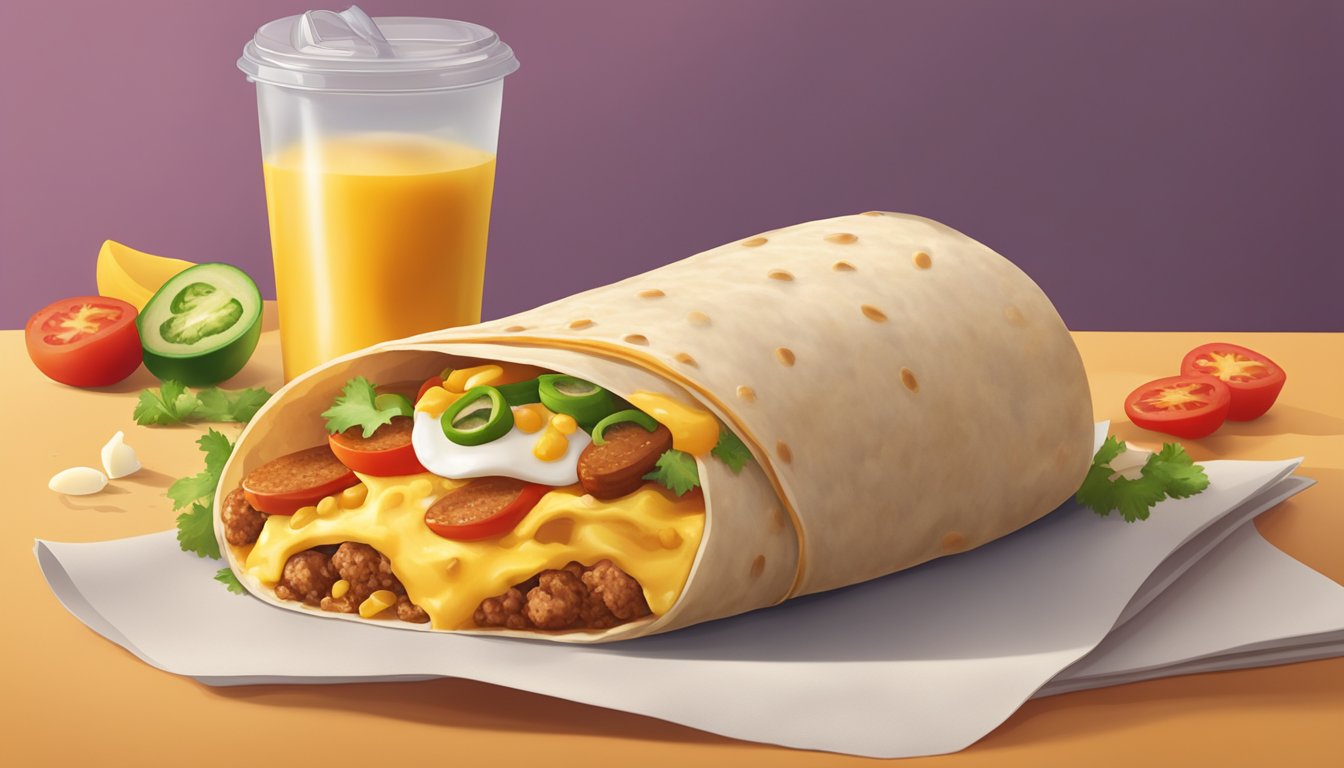 A colorful McDonald's breakfast burrito surrounded by ingredients like eggs, sausage, peppers, and cheese, with the iconic golden arches in the background