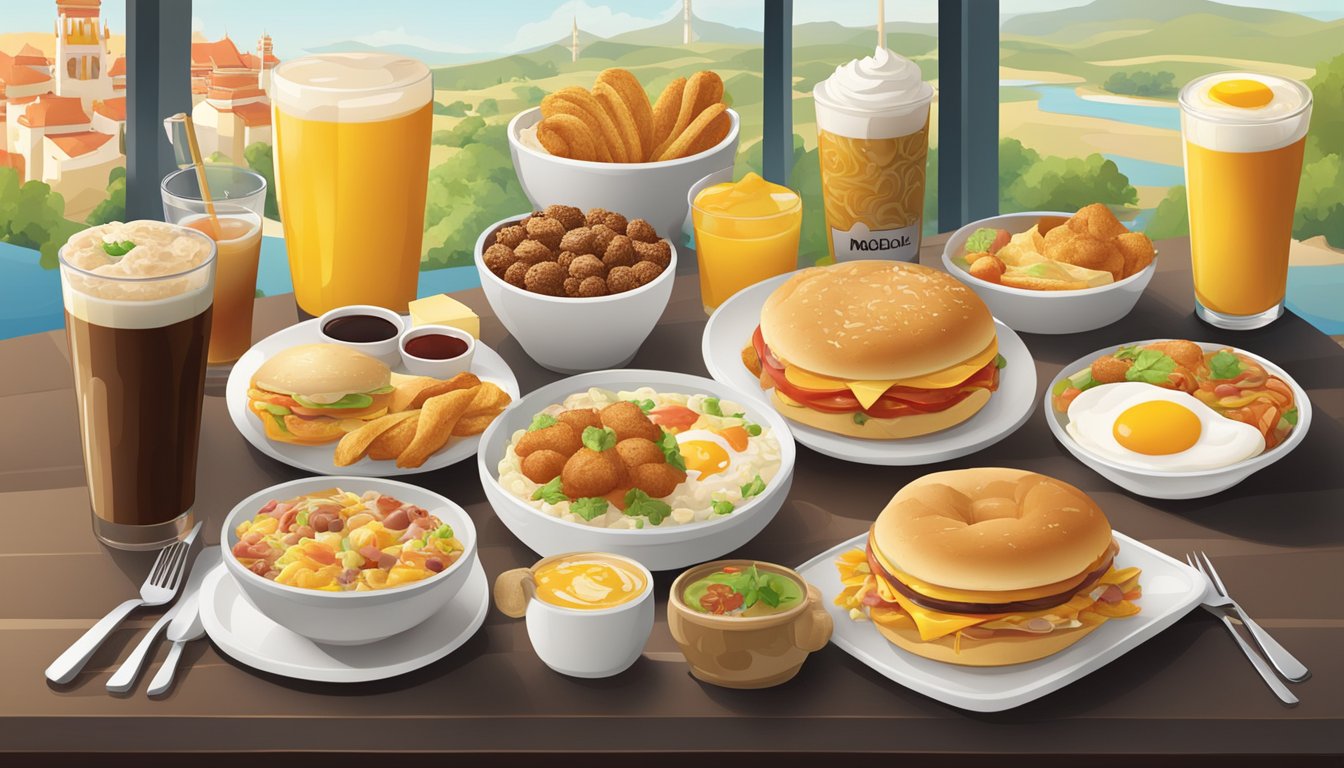 A table with various international breakfast items from McDonald's, including unique regional dishes and beverages, set against a backdrop of traditional cultural symbols