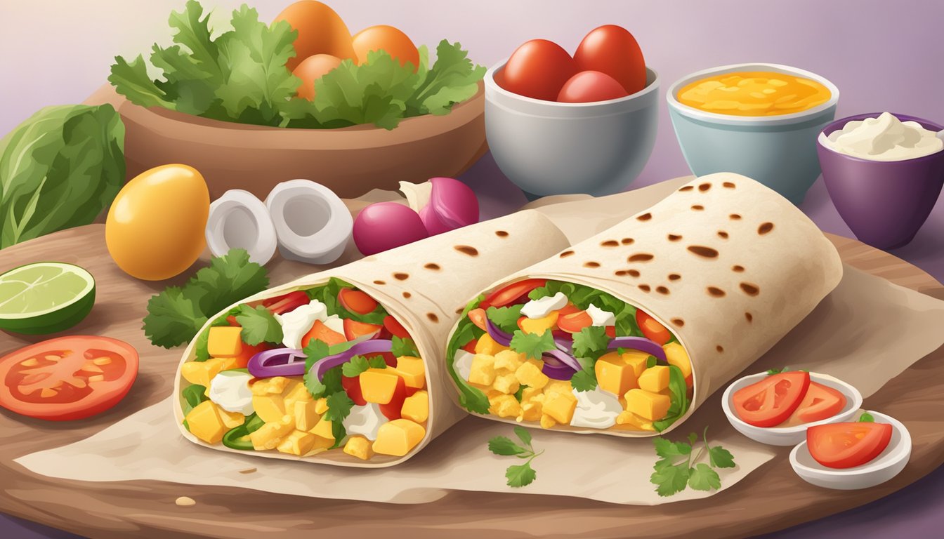 A breakfast burrito wrapped in a warm flour tortilla, surrounded by colorful ingredients such as eggs, cheese, and vegetables