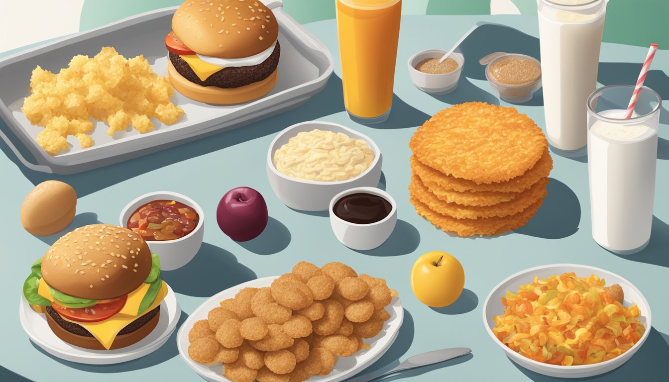 A table set with a variety of McDonald's breakfast items, including oatmeal, hash browns, and fruit, with customizable vegan toppings and condiments