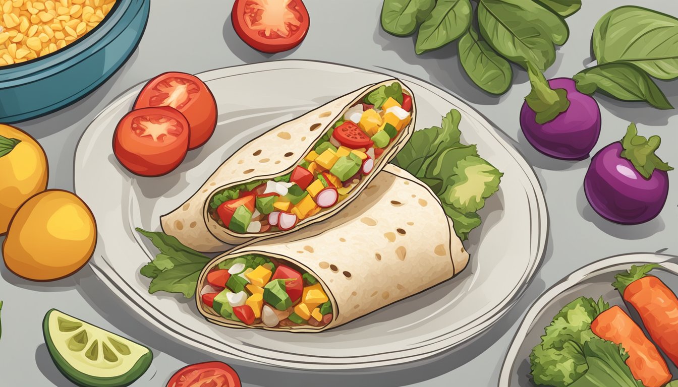 A colorful breakfast burrito surrounded by fresh ingredients and a nutrition label