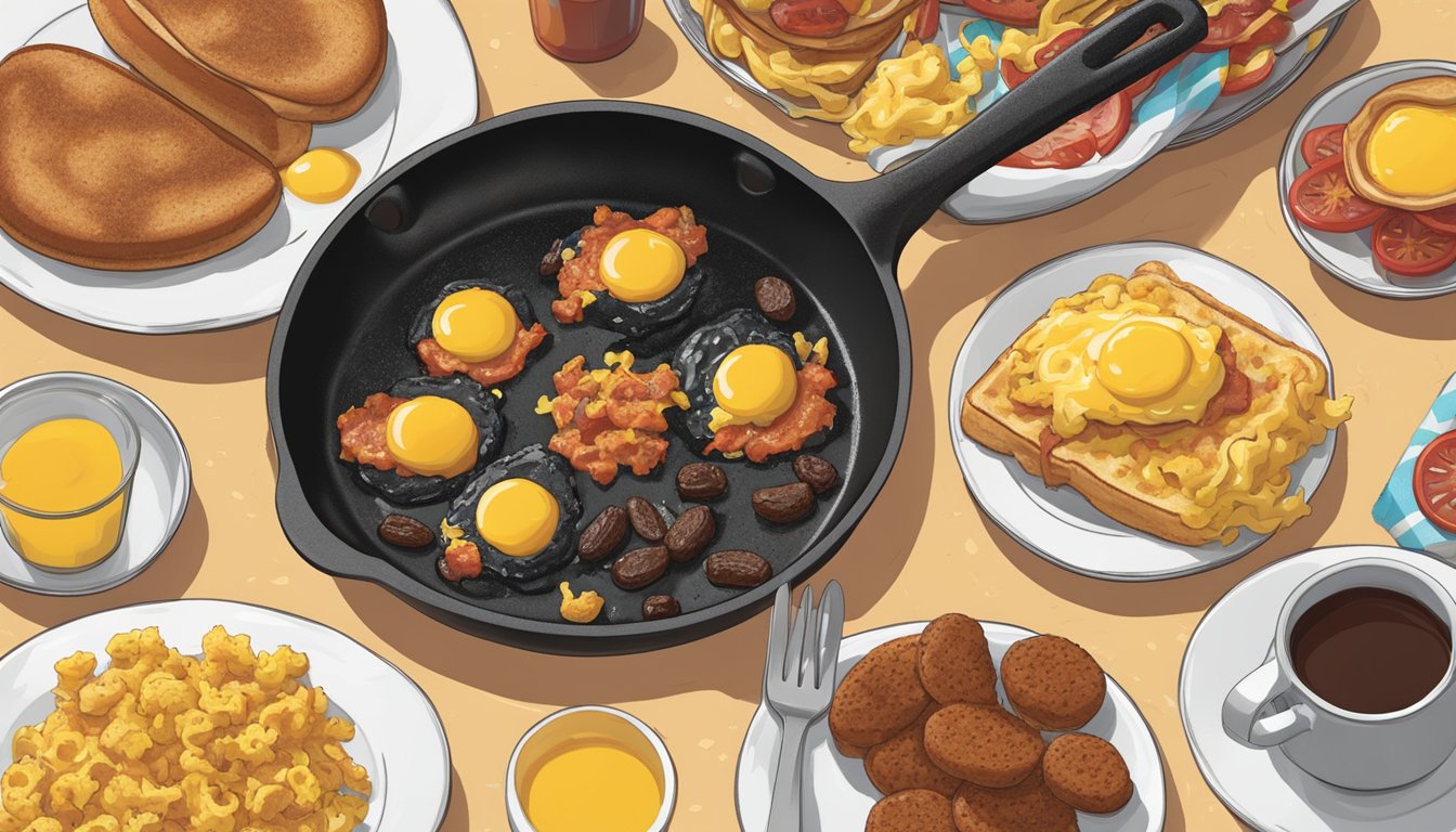 A sizzling skillet with scrambled eggs and chorizo, surrounded by failed McDonald's breakfast items