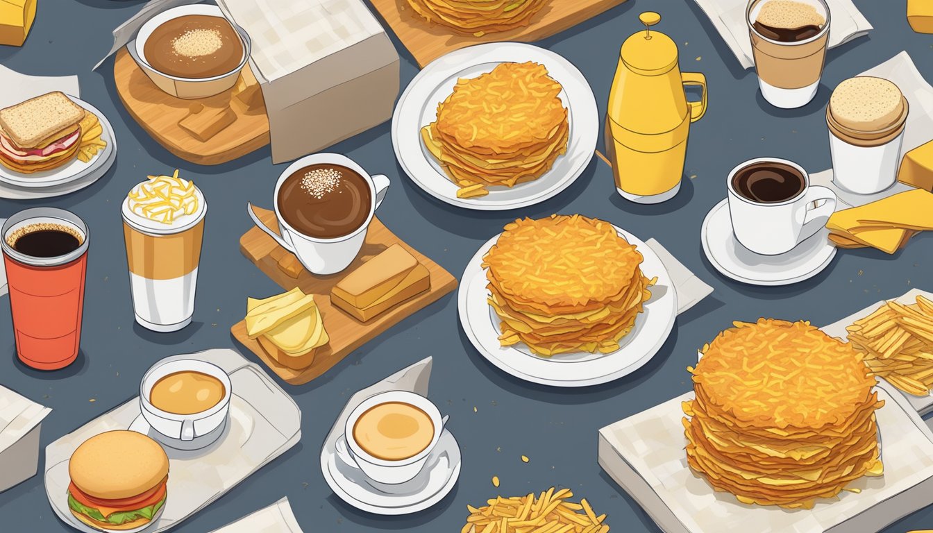 A stack of golden hash browns surrounded by a coffee cup, breakfast sandwich, and other McDonald's breakfast items on a table