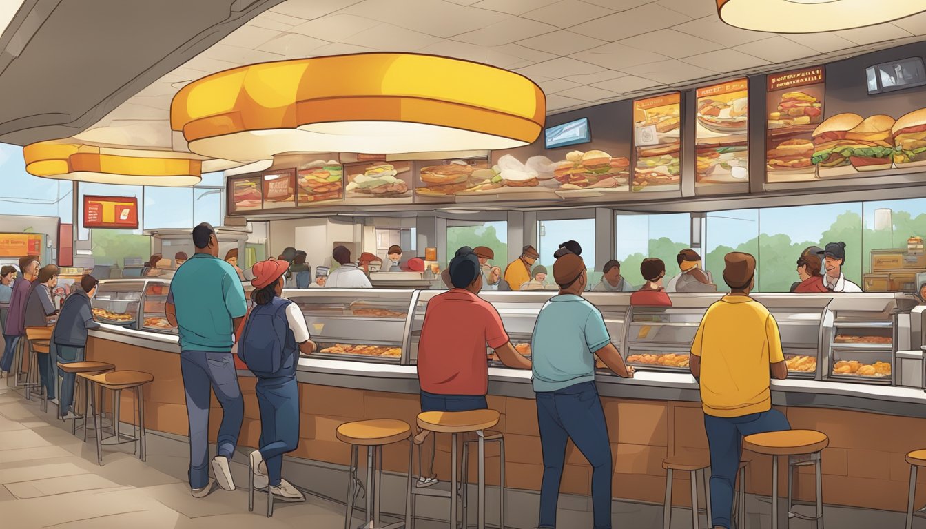 A bustling McDonald's restaurant with a line of customers eagerly ordering breakfast burritos at various tables and booths. The aroma of sizzling bacon and eggs fills the air as the staff hustles to keep up with the demand