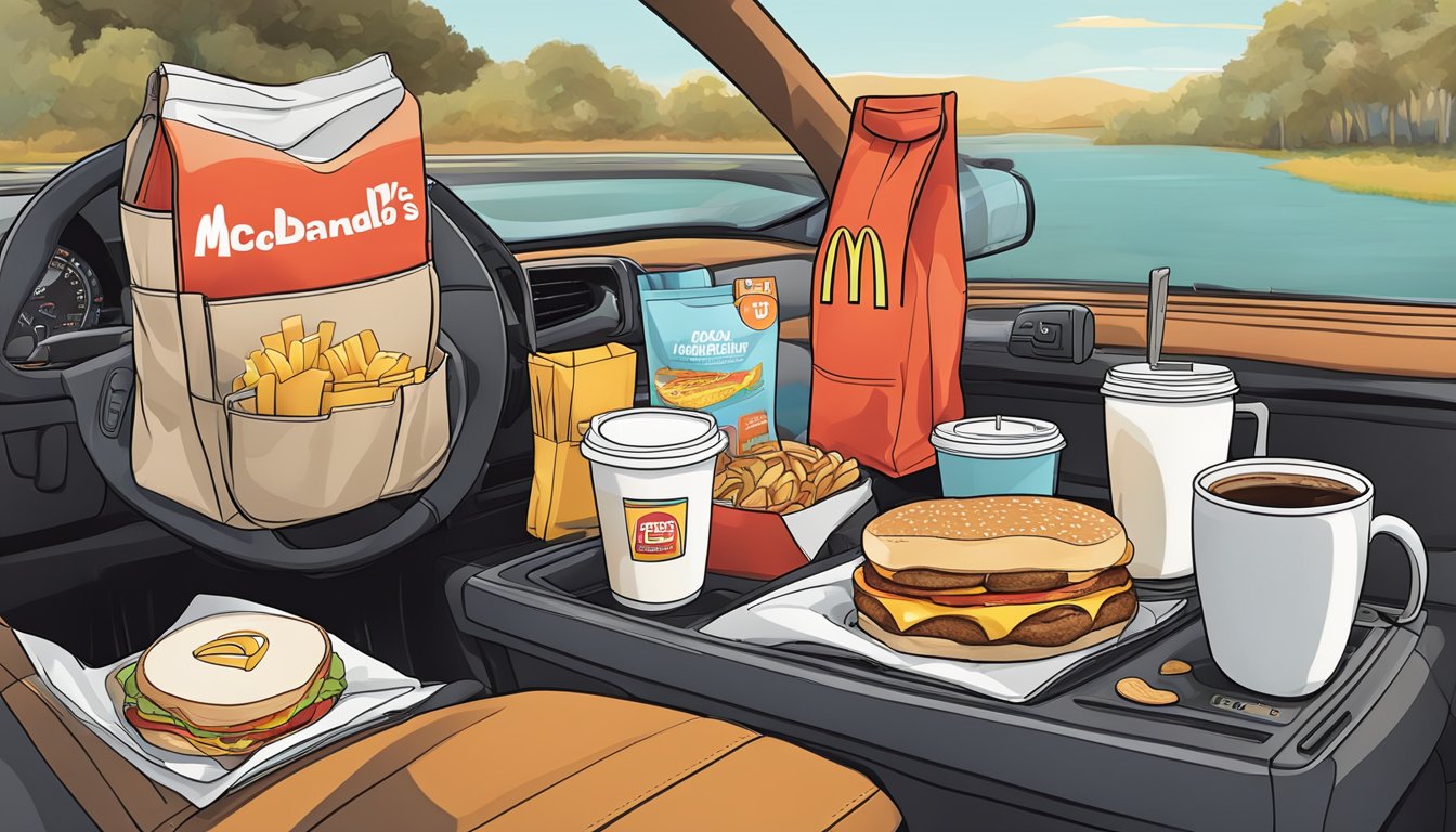 A car dashboard with a McDonald's breakfast bag, coffee, and various breakfast items neatly arranged for a road trip