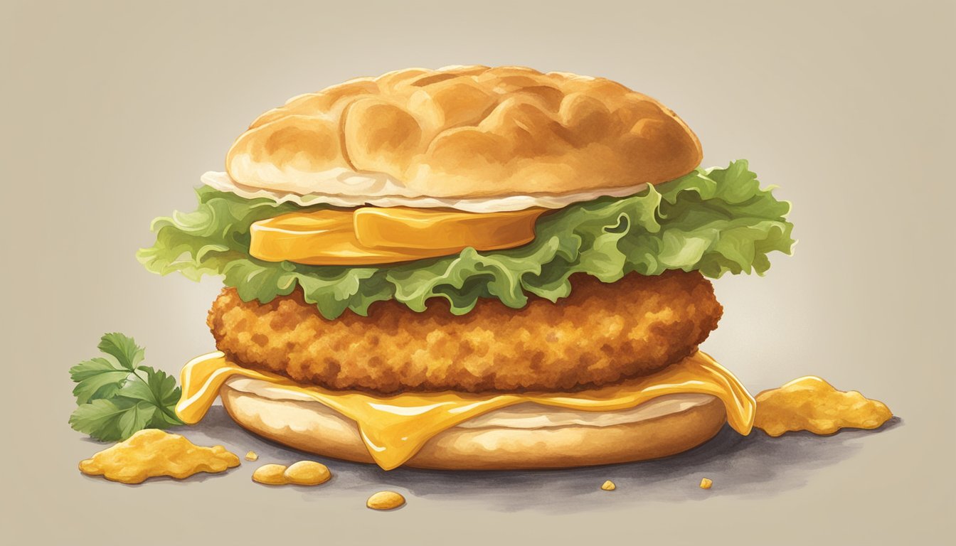 A golden, flaky biscuit sandwiching a crispy, breaded chicken patty, with a hint of Southern charm