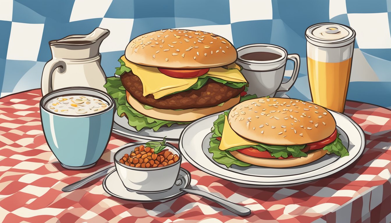 A pile of breakfast items, including a hulaburger, scattered on a checkered tablecloth