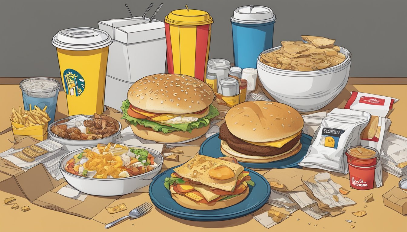 A cluttered table with scattered breakfast items, including failed McDonald's menu items, surrounded by discarded packaging and promotional materials