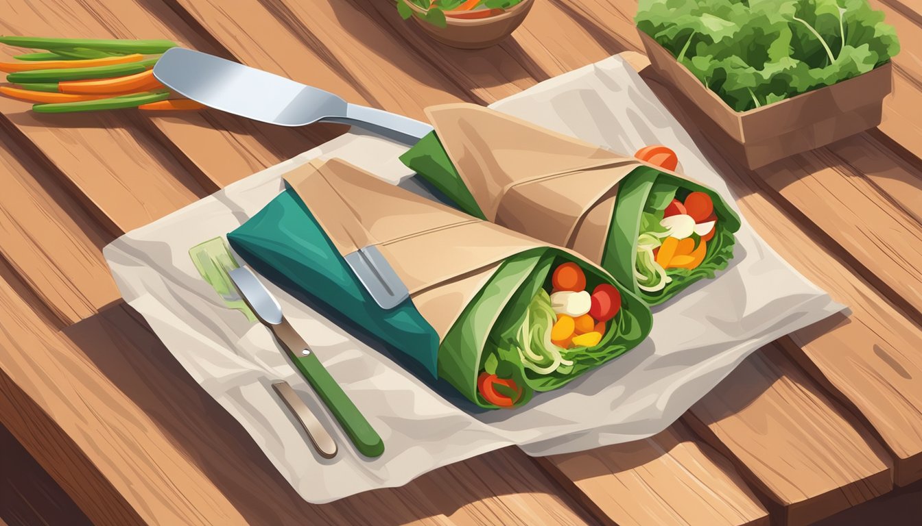 A colorful veggie wrap surrounded by eco-friendly packaging and reusable utensils on a wooden table