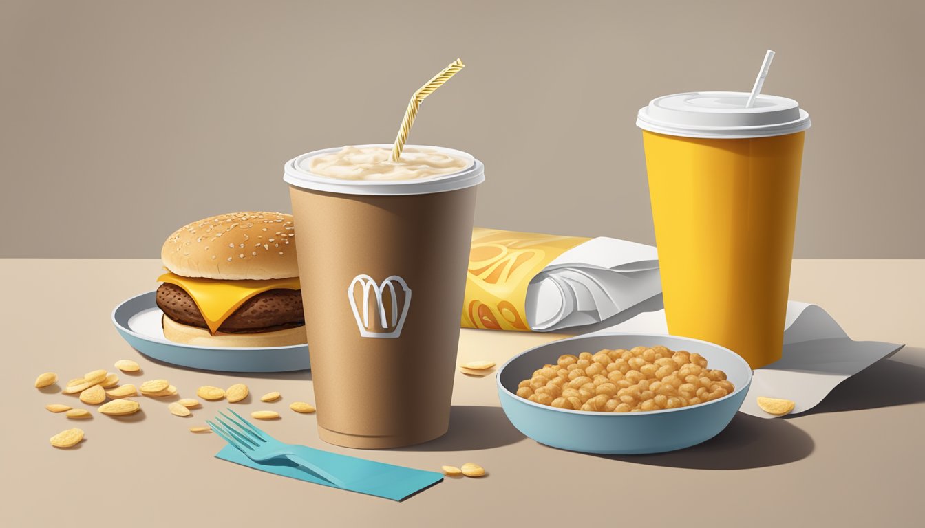 An eco-friendly McDonald's breakfast scene with a reusable cup for coffee, a metal straw, and a recyclable paper bag for the oatmeal