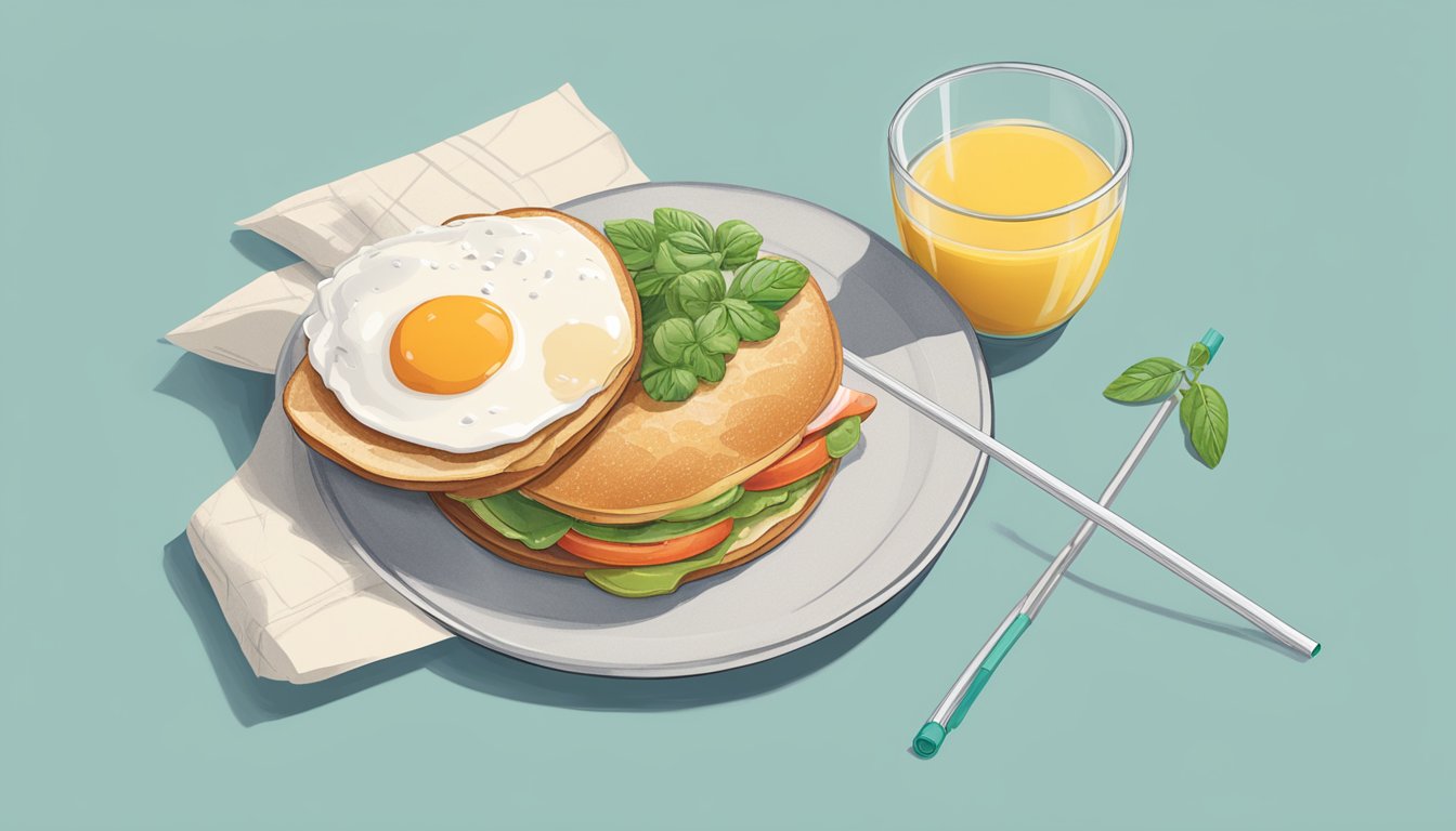 A breakfast meal with eco-friendly packaging and a reusable straw on the side