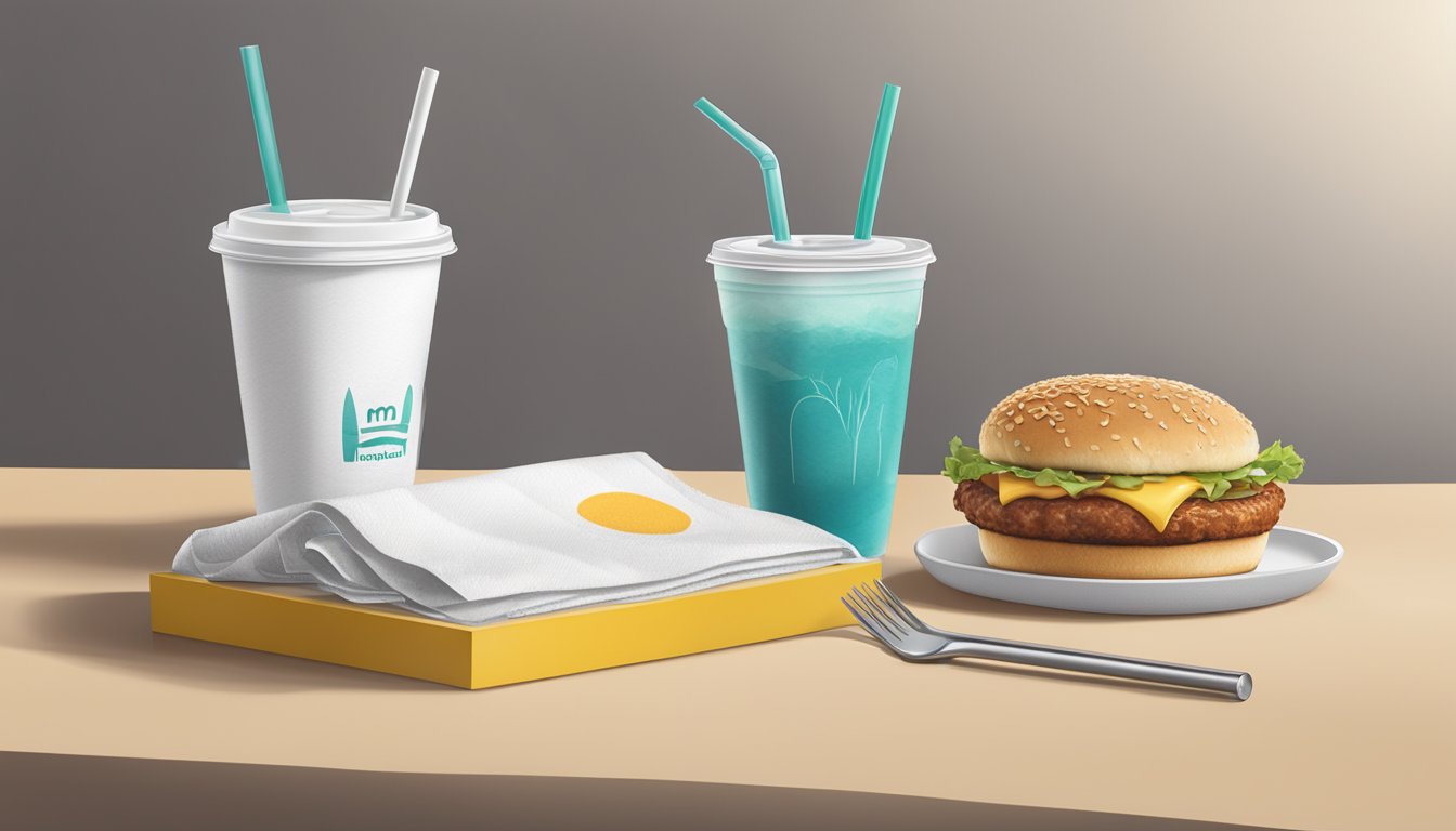 A reusable napkin placed next to a McDonald's breakfast order, with a drink in a reusable cup and a metal straw