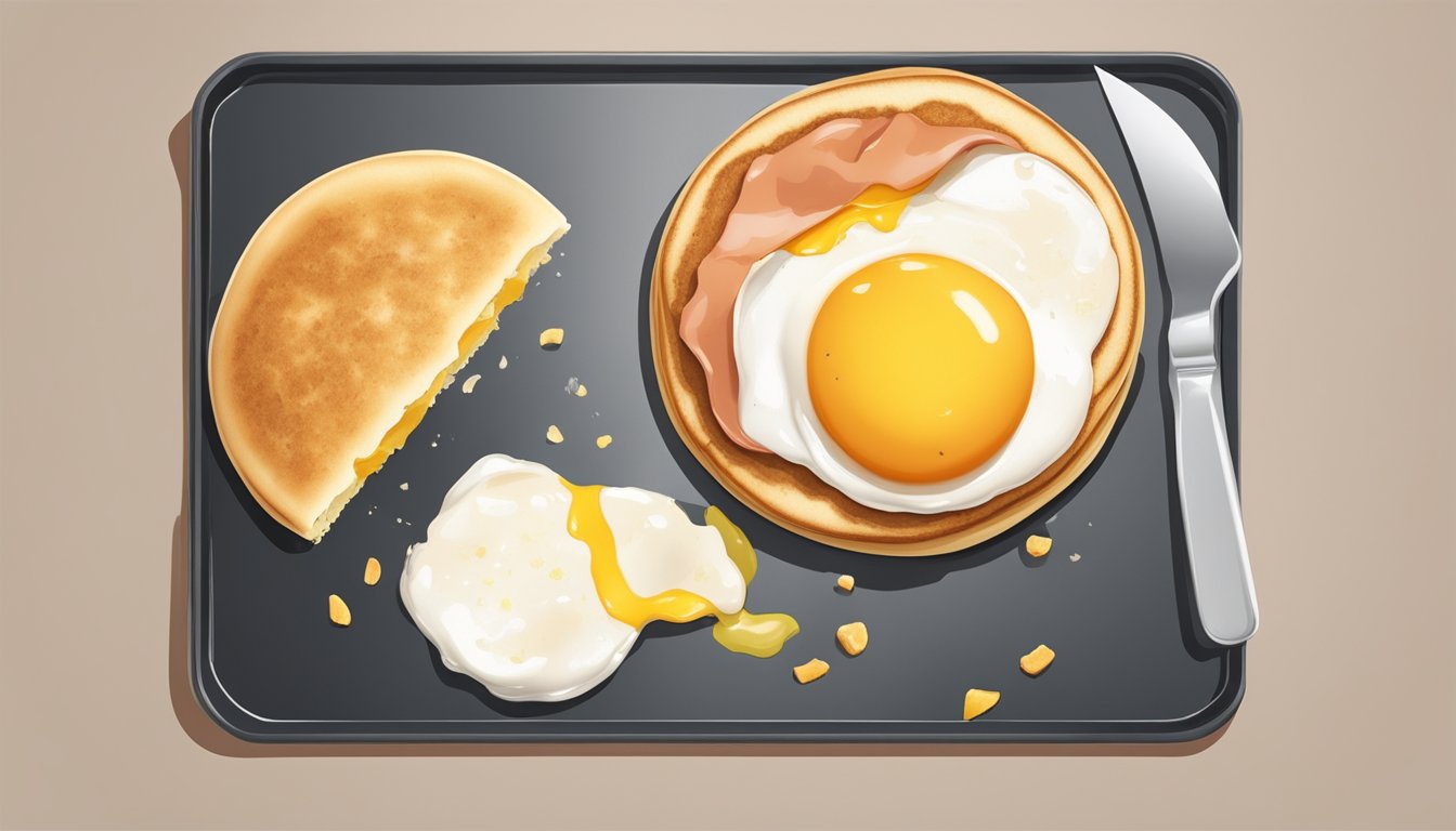 A cracked egg with yolk and white spilling onto a griddle, surrounded by a toasted English muffin and a slice of Canadian bacon