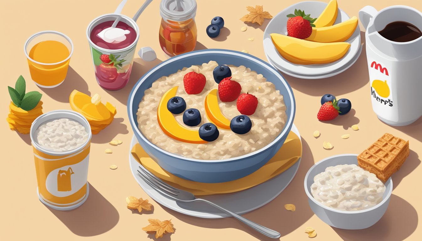 A bowl of oatmeal topped with fruit and maple syrup, surrounded by iconic McDonald's breakfast items