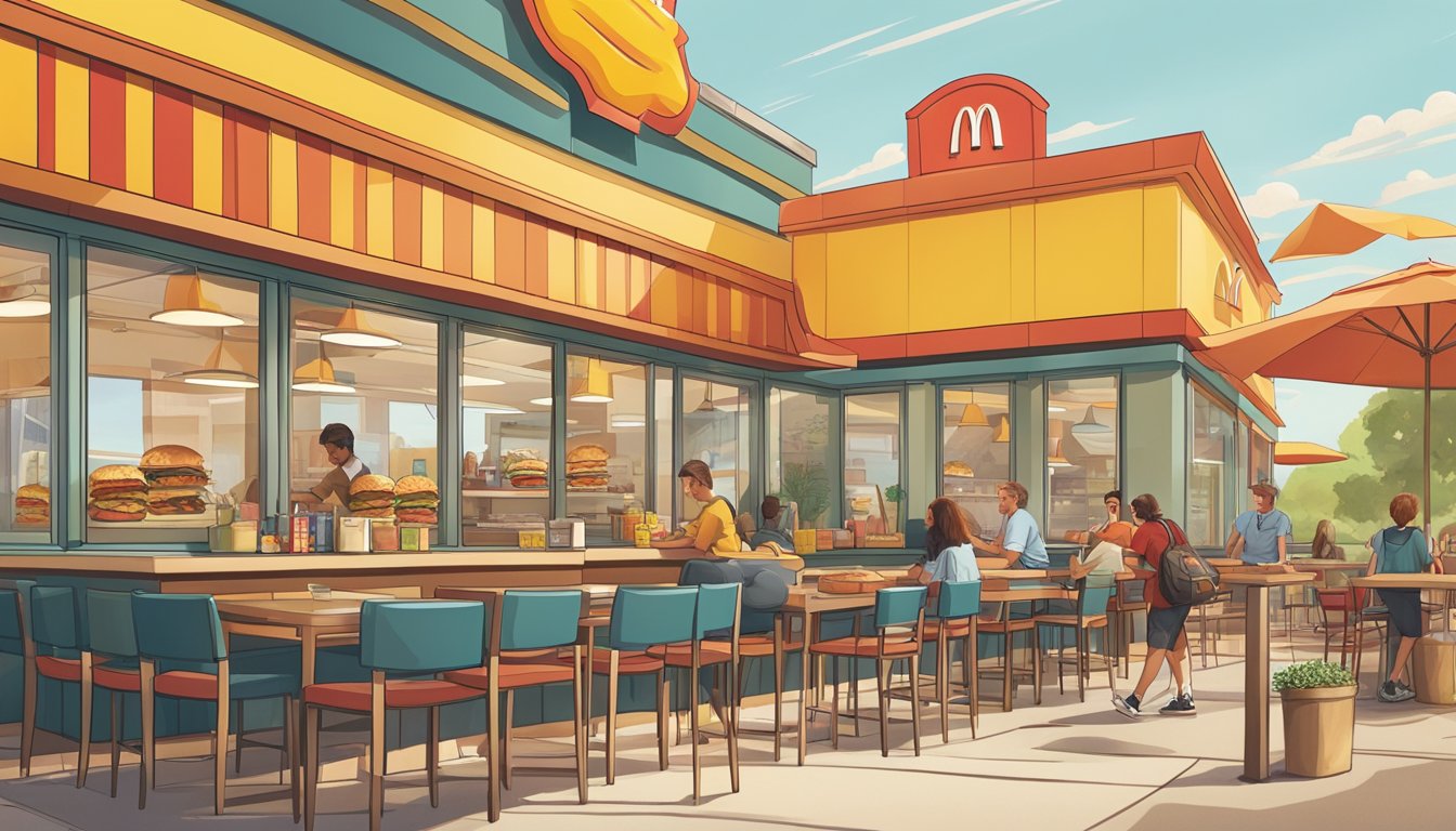 A sunny McDonald's restaurant with breakfast items displayed all day, surrounded by myth-busting imagery