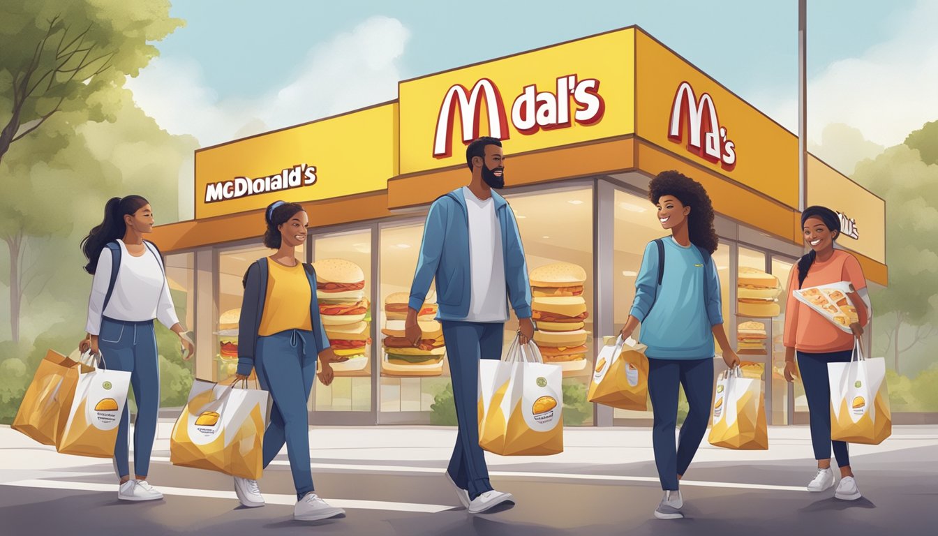 A group of people carrying reusable containers and bags filled with large orders of McDonald's breakfast items, standing in front of a sign promoting eco-friendly practices